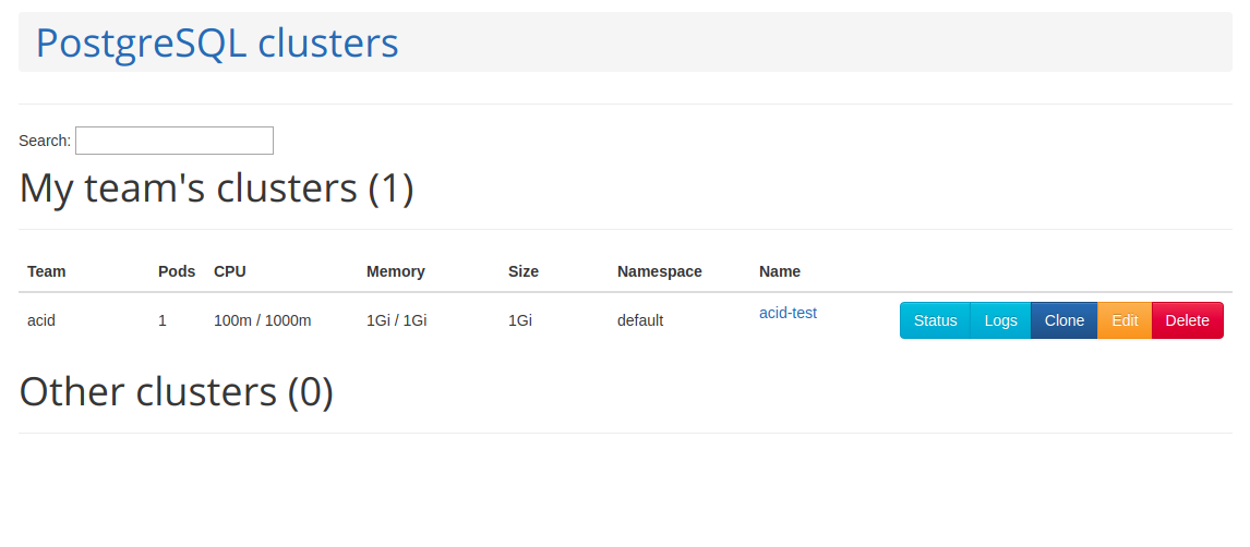 List of PostgreSQL clusters pgui-cluster-list