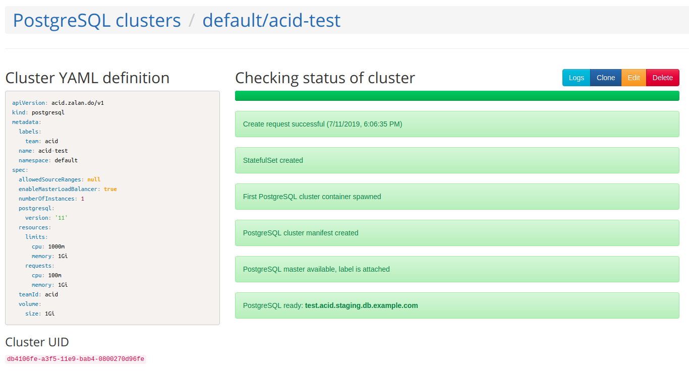 Status page of ready cluster pgui-finished-setup
